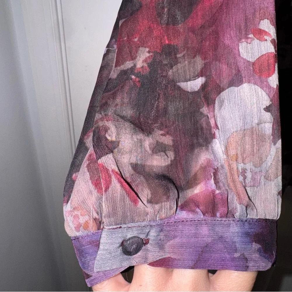 CJ Banks Purple Floral ruffle button down long sleeve Blouse top 1x NWT - Picture 8 of 16